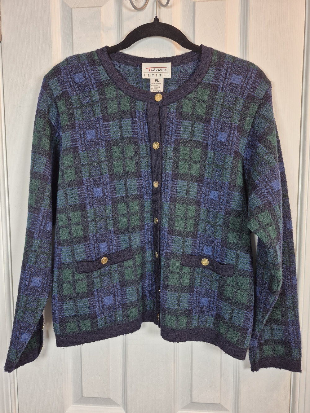 Vintage Talbots Plaid Cardigan Sweater Petite L Wool Blend Navy Green Academia